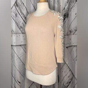 J Crew Tan Cotton Sweater White Lace Appliqués on Sleeve Size S